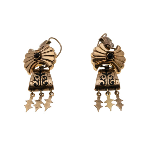 Victoria's Reign - Victorian 14K Rose Gold Natural Garnet 'Taille D'Epargne' Black Enamel Dangly Earrings (VICE054)