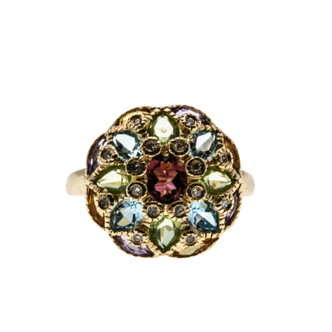 Kaleidoscope - Vintage 14K Gold Natural Multi-Stone Dome Cluster Ring (VR1026)