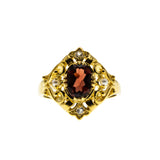Garnet Royale - Estate 24K Gold Plate Over Sterling Silver Natural Garnet, White Topaz & Pearl Ornate Ring (ER398)