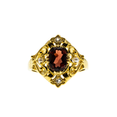 Garnet Royale - Estate 24K Gold Plate Over Sterling Silver Natural Garnet, White Topaz & Pearl Ornate Ring (ER398)
