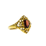 Garnet Royale - Estate 24K Gold Plate Over Sterling Silver Natural Garnet, White Topaz & Pearl Ornate Ring (ER398)