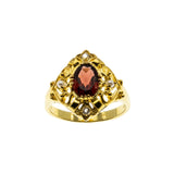 Garnet Royale - Estate 24K Gold Plate Over Sterling Silver Natural Garnet, White Topaz & Pearl Ornate Ring (ER398)