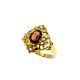 Garnet Royale - Estate 24K Gold Plate Over Sterling Silver Natural Garnet, White Topaz & Pearl Ornate Ring (ER398)