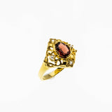 Garnet Royale - Estate 24K Gold Plate Over Sterling Silver Natural Garnet, White Topaz & Pearl Ornate Ring (ER398)