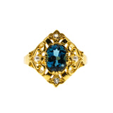 Topaz Royale - Estate 24K Gold plate Over Sterling Silver Natural London Blue Topaz, White Topaz & Pearl Ornate Ring (ER399)
