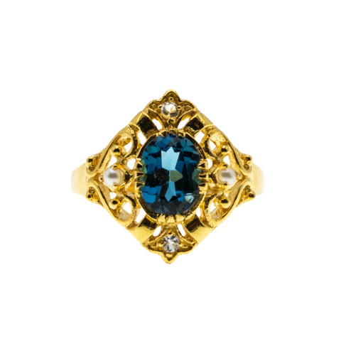 Topaz Royale - Estate 24K Gold plate Over Sterling Silver Natural London Blue Topaz, White Topaz & Pearl Ornate Ring (ER399)