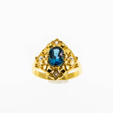 Topaz Royale - Estate 24K Gold plate Over Sterling Silver Natural London Blue Topaz, White Topaz & Pearl Ornate Ring (ER399)