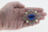 Edwardian Revival - Vintage Signed 'Coventry' Silver Toned Metal Crystal Rhinestone & Pearl Intricate Brooch (VBR308)