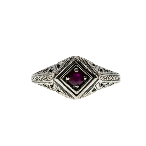 A Touch Of Crimson - Estate Sterling Silver Natural Ruby Filigree Ring (ER400)
