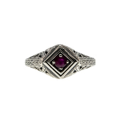 A Touch Of Crimson - Estate Sterling Silver Natural Ruby Filigree Ring (ER400)