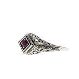 A Touch Of Crimson - Estate Sterling Silver Natural Ruby Filigree Ring (ER400)