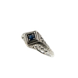 A Touch Of Indigo - Estate Sterling Silver Natural Blue Sapphire Filigree Ring (ER401)