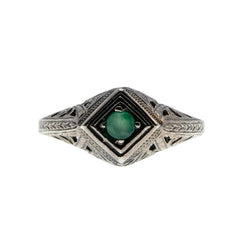 A Touch Of Green - Estate Sterling Silver Natural Emerald Filigree Ring (ER402)