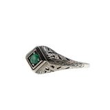 A Touch Of Green - Estate Sterling Silver Natural Emerald Filigree Ring (ER402)