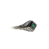 A Touch Of Green - Estate Sterling Silver Natural Emerald Filigree Ring (ER402)