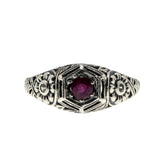 Crimson Delight - Estate Sterling Silver Natural Ruby & Cubic Zirconia Filigree Flower Ring (ER404)