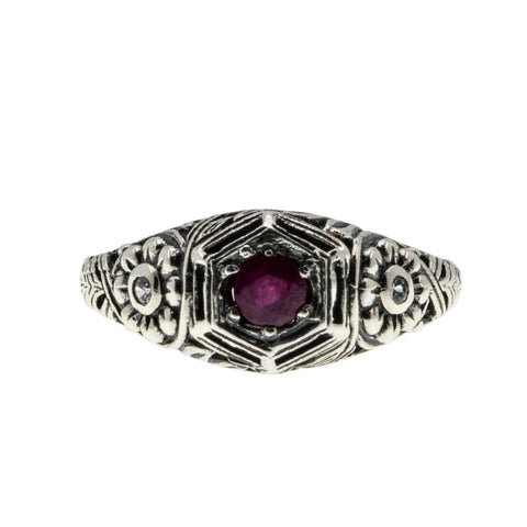 Crimson Delight - Estate Sterling Silver Natural Ruby & Cubic Zirconia Filigree Flower Ring (ER404)