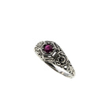 Crimson Delight - Estate Sterling Silver Natural Ruby & Cubic Zirconia Filigree Flower Ring (ER404)