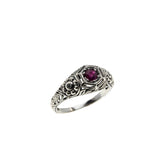 Crimson Delight - Estate Sterling Silver Natural Ruby & Cubic Zirconia Filigree Flower Ring (ER404)