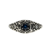 Indigo Delight - Estate Sterling Silver natural Sapphire & Cubic Zirconia Filigree Flower Ring (ER405)