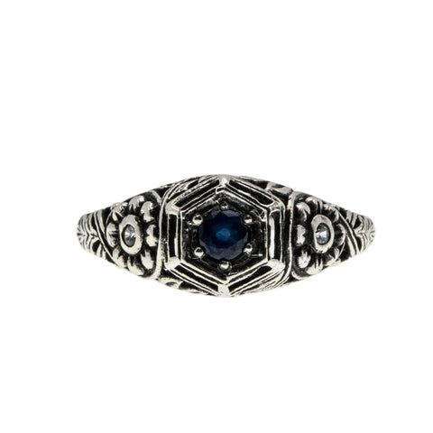 Indigo Delight - Estate Sterling Silver natural Sapphire & Cubic Zirconia Filigree Flower Ring (ER405)