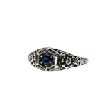 Indigo Delight - Estate Sterling Silver natural Sapphire & Cubic Zirconia Filigree Flower Ring (ER405)