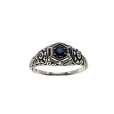 Indigo Delight - Estate Sterling Silver natural Sapphire & Cubic Zirconia Filigree Flower Ring (ER405)