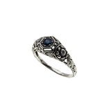 Indigo Delight - Estate Sterling Silver natural Sapphire & Cubic Zirconia Filigree Flower Ring (ER405)