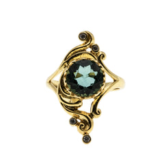 Art Nouveau Revival - Estate 24K Gold Plate Over Sterling Silver Lab Created Emerald & Cubic Zirconia Ring (ER406)