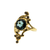 Victorian Art Nouveau Revival - Estate 24K Gold Plate Over Sterling Silver Lab Created Emerald & Cubic Zirconia Ring (ER406)