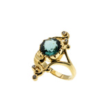 Victorian Art Nouveau Revival - Estate 24K Gold Plate Over Sterling Silver Lab Created Emerald & Cubic Zirconia Ring (ER406)