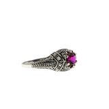 Victorian Revival - Estate Sterling Silver Lab Created Ruby & Seed Pearl Ring (ER408)