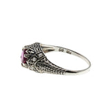 Victorian Revival - Estate Sterling Silver Lab Created Ruby & Seed Pearl Ring (ER408)
