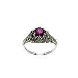 Victorian Revival - Estate Sterling Silver Lab Created Ruby & Seed Pearl Ring (ER408)