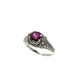 Victorian Revival - Estate Sterling Silver Lab Created Ruby & Seed Pearl Ring (ER408)