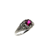 Victorian Revival - Estate Sterling Silver Lab Created Ruby & Seed Pearl Ring (ER408)