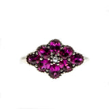 Red Rose - Estate Sterling Silver Ruby & Seed Pearl Flower Cluster Ring (ER409)