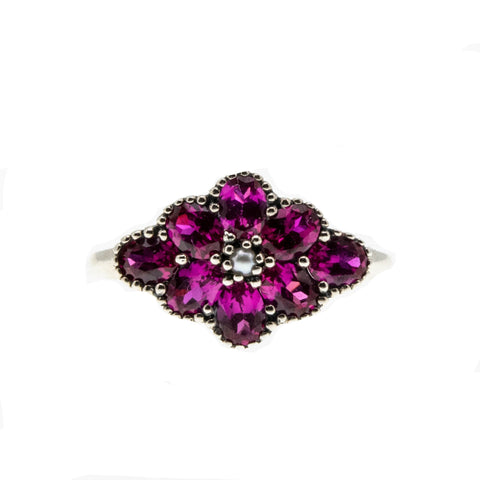 Red Rose - Estate Sterling Silver Ruby & Seed Pearl Flower Cluster Ring (ER409)