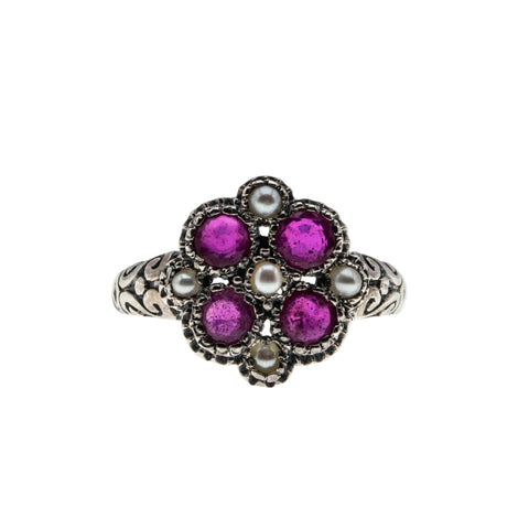 English Rose - Estate Sterling Silver Natural Ruby & Seed Pearl Engraved Flower Ring (ER410)