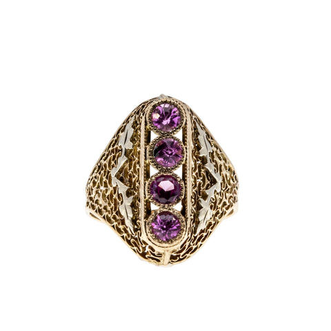 Ticked Pink - Edwardian 10K Yellow & White Gold Pink Sapphire Foliage Filigree Ring (EDR084)