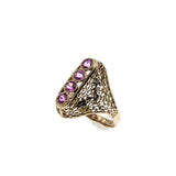 Ticked Pink - Edwardian 10K Yellow & White Gold Pink Sapphire Foliage Filigree Ring (EDR084)