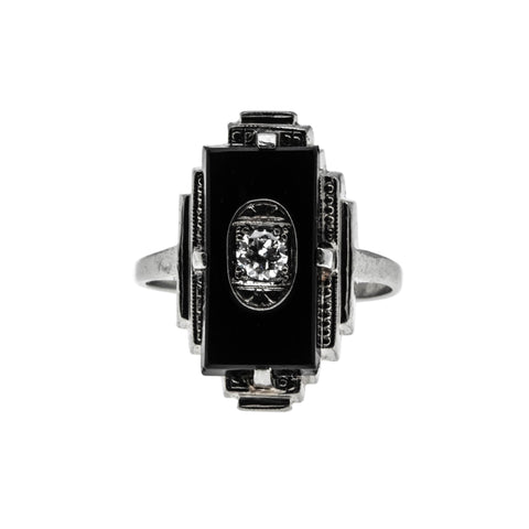 Flapper Finery - Art Deco 10K White Gold Natural Black Onyx & Diamond Engraved Ring (ADR288)