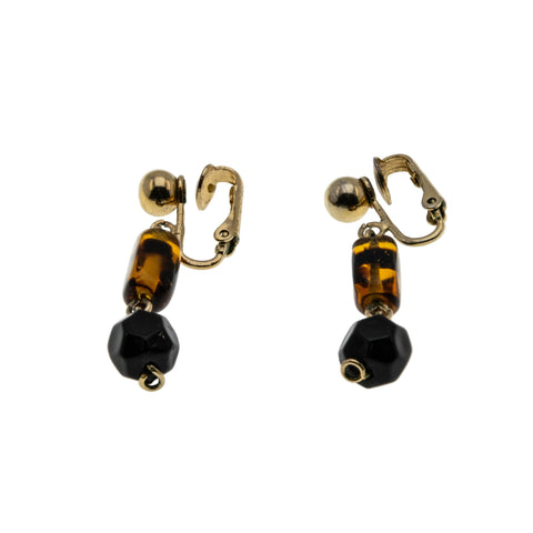 Sarah Coventry - Vintage Gold Plated Amber & Black Glass Beaded Clip-On Earrings (VE480)