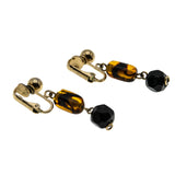 Sarah Coventry - Vintage Gold Plated Amber & Black Glass Beaded Clip-On Earrings (VE480)