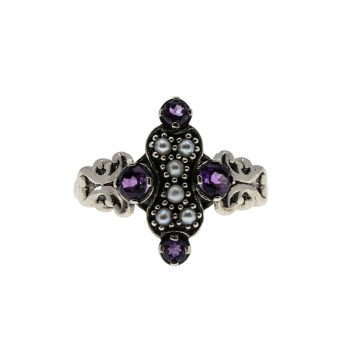 Twilight Over The Sea - Estate Sterling Silver Natural Amethyst & Seed Pearl Ring (ER411)
