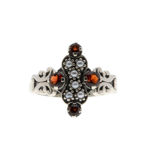 Sunset Over The Sea - Estate Sterling Silver Natural Garnet & Seed Pearl Ring (ER412)