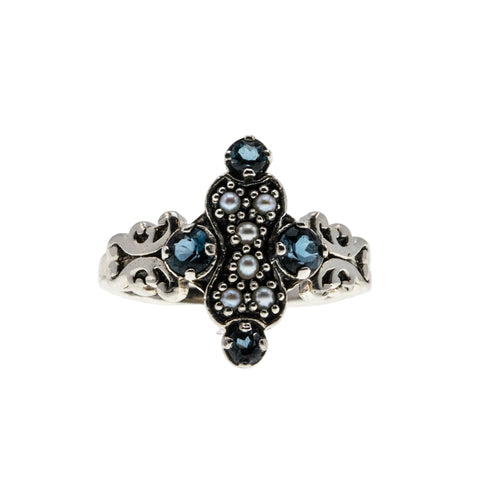 Blue Skies Over The Sea - Estate Sterling Silver Natural London Blue Topaz & Seed Pearl Ring (ER413)