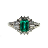 Electrifying - Vintage Platinum Natural Emerald & Diamond Ring (VR806)