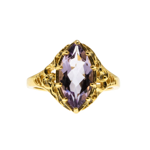 Marquise Royale - Estate 24K Gold Plate Over Sterling Silver Natural Amethyst Filigree Ring (ER416)