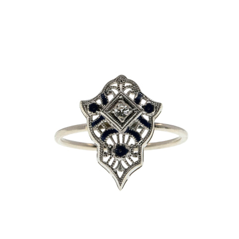 Forget-Me-Knot & Lace - Edwardian 14K White Gold Natural 'Old European Cut' Diamond Cobalt Blue Enamel Filigree Shield Ring (EDR086)